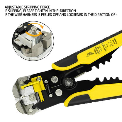 Self-Adjusting Wire Stripper with Cable Cutter and Terminal Crimper