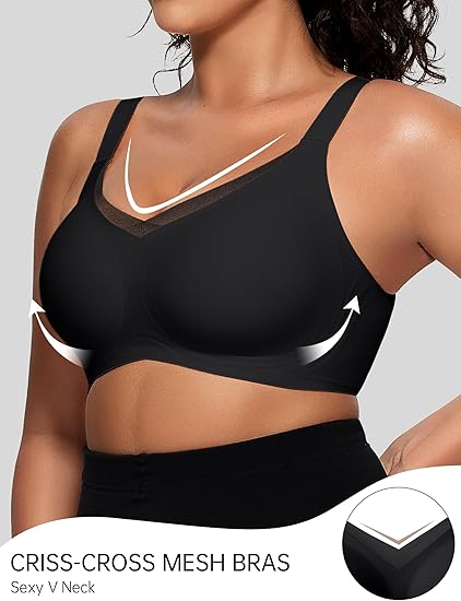 OEAK Womens Wireless Bras V Mesh Comfortable Bralette Supportive No Underwire Seamless