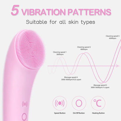 Vibrating Facial Cleansing Brush with Heating Function and 5 Speed Modes