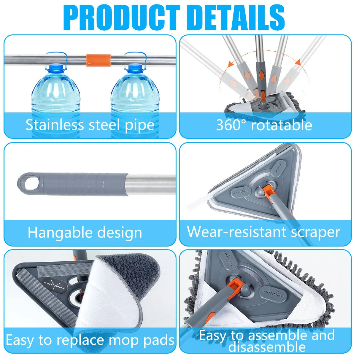 Rotating Triangle Wall Mop with Adjustable Long Handle