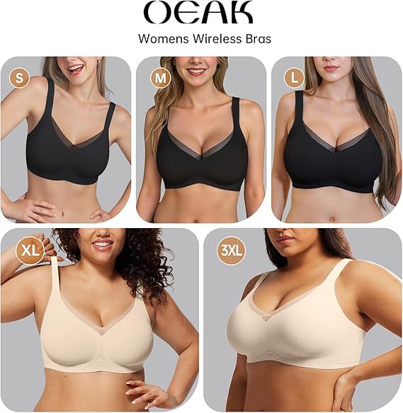 OEAK Womens Wireless Bras V Mesh Comfortable Bralette Supportive No Underwire Seamless