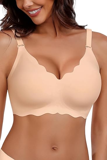 Wireless Seamless Bras for Women No Underwire Wavy V Neck Soft Support Full Coverage Comfortable Bra