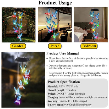 Solar Wind Chime Light with Color Changing Hummingbird Bulbs and Automatic Dusk Sensor for Gardens