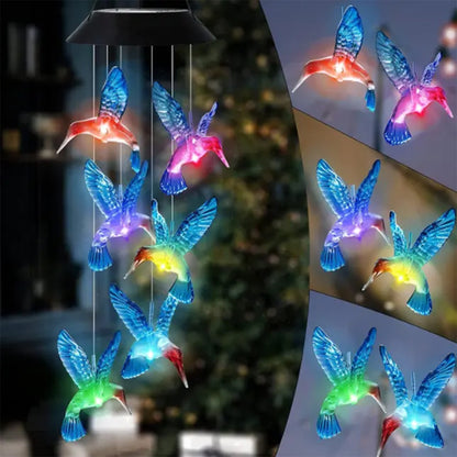 Solar Wind Chime Light with Color Changing Hummingbird Bulbs and Automatic Dusk Sensor for Gardens