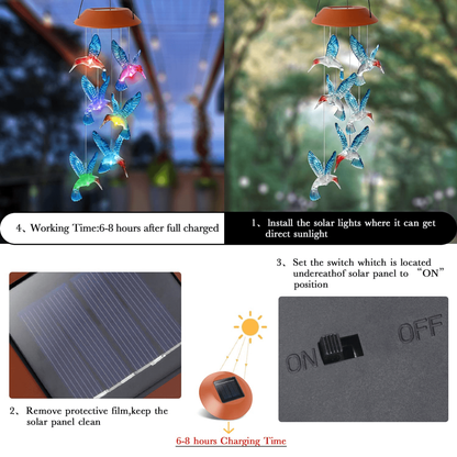 Solar Wind Chime Light with Color Changing Hummingbird Bulbs and Automatic Dusk Sensor for Gardens
