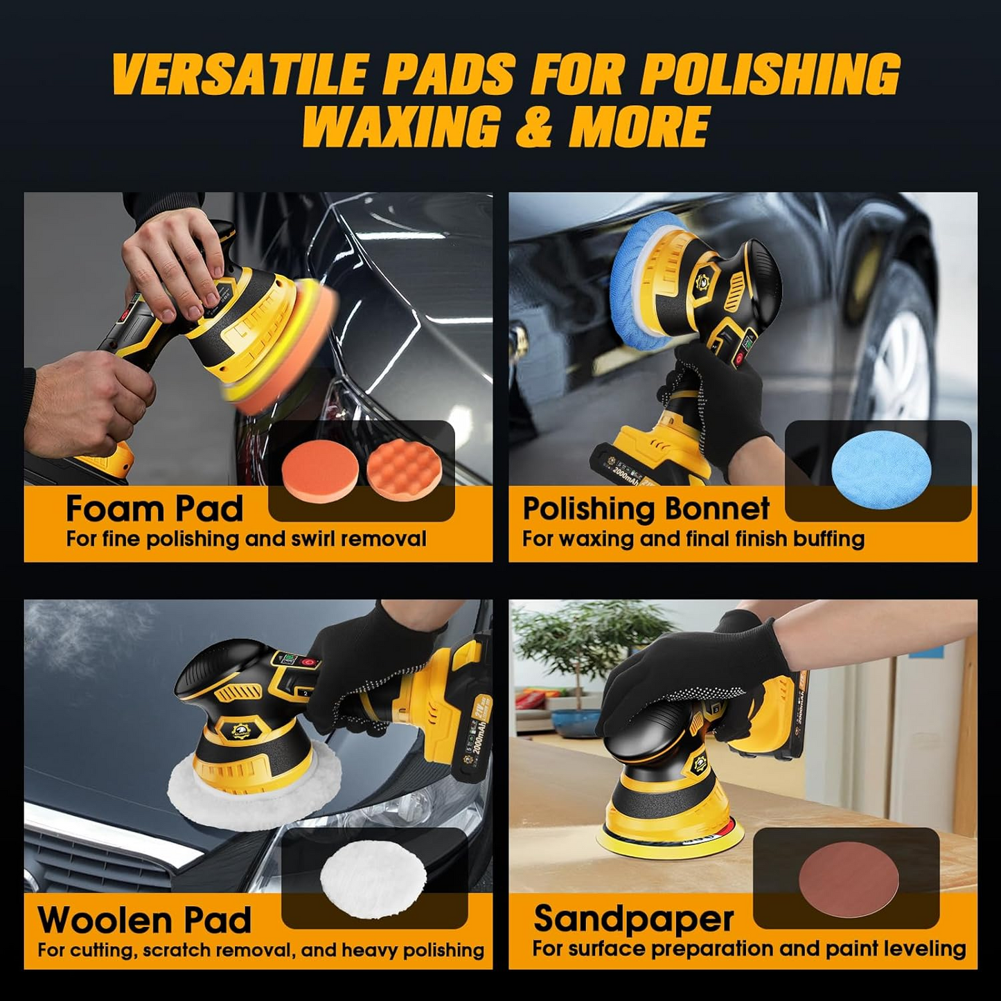 Cordless Orbital Buffer Polisher with Variable Speed and Multiple Foam Pads, Rechargeable Battery Kit