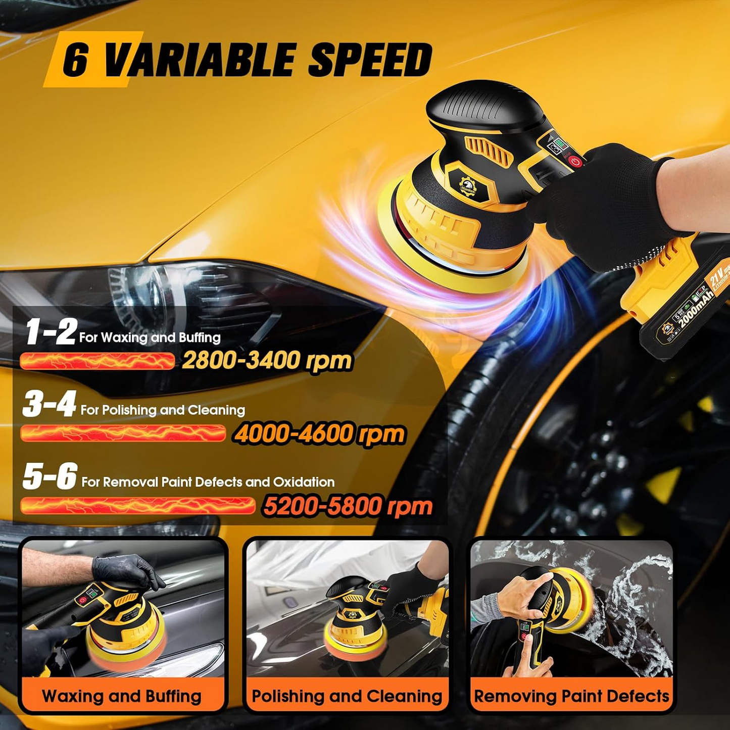 Cordless Orbital Buffer Polisher with Variable Speed and Multiple Foam Pads, Rechargeable Battery Kit