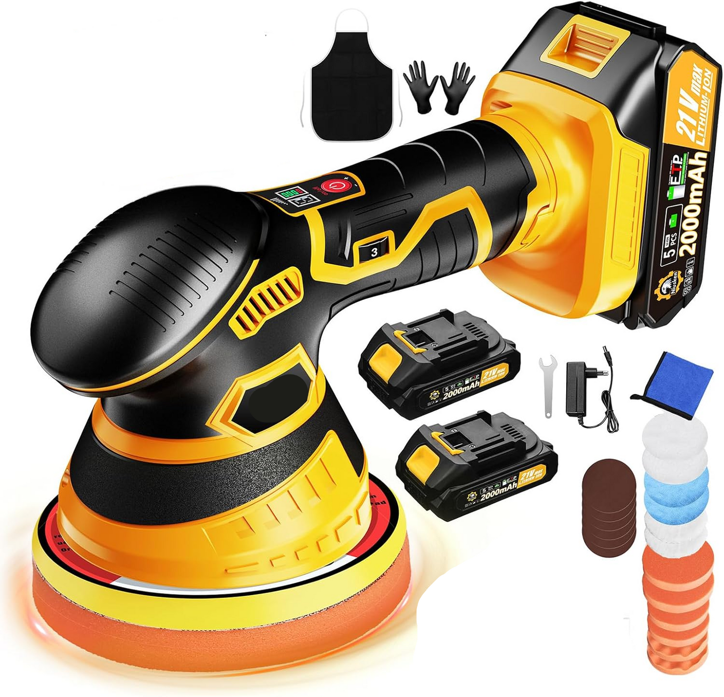 Cordless Orbital Buffer Polisher with Variable Speed and Multiple Foam Pads, Rechargeable Battery Kit