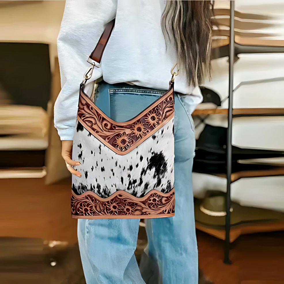 Tooled Leather Crossbody Bag, Durable Everyday Carry 12x11 Inch