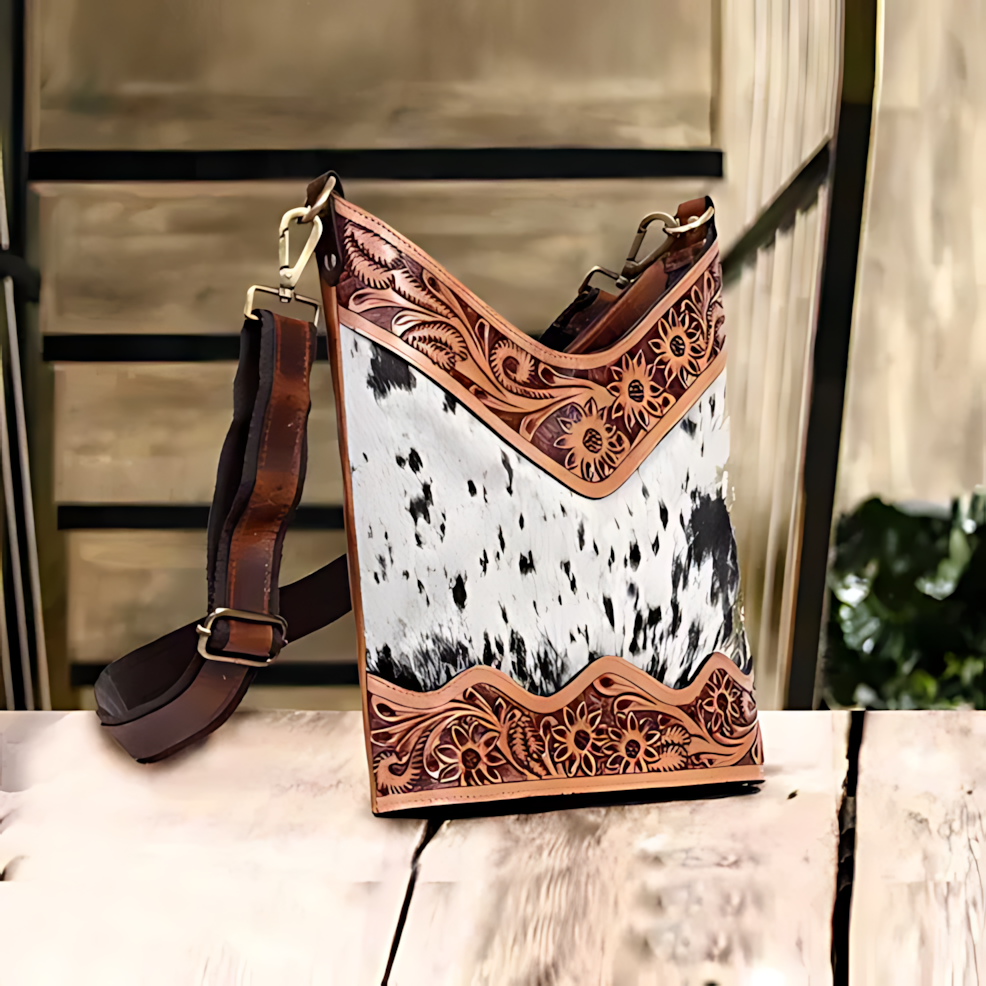 Tooled Leather Crossbody Bag, Durable Everyday Carry 12x11 Inch