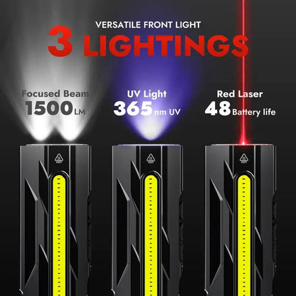 Rechargeable LED Flashlight with Magnetic Tail and UV Red Laser, 1500 Lumens